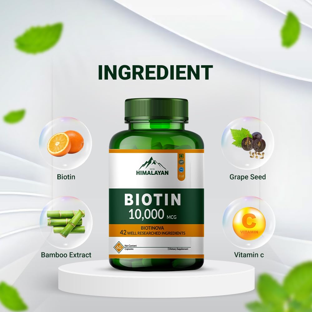 Divya Himalayan Biotin 10,000 MCG | Hair, Skin & Nail Support | 60 Vegan Capsules | High Potency | Non-GMO, Gluten-Free 3