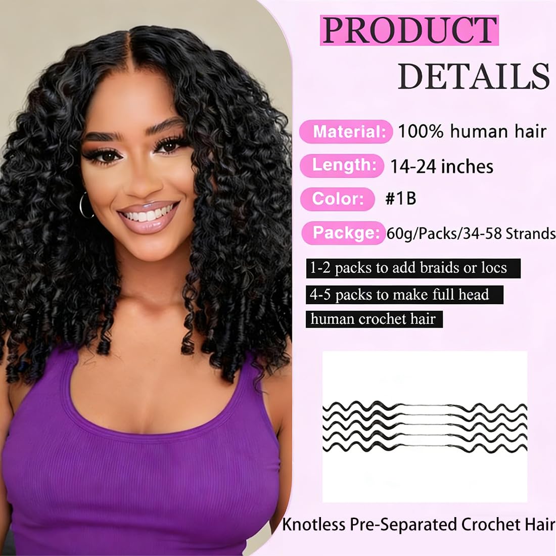Fether Burmese Curly Human Hair Crochet Extensions 1B 60g