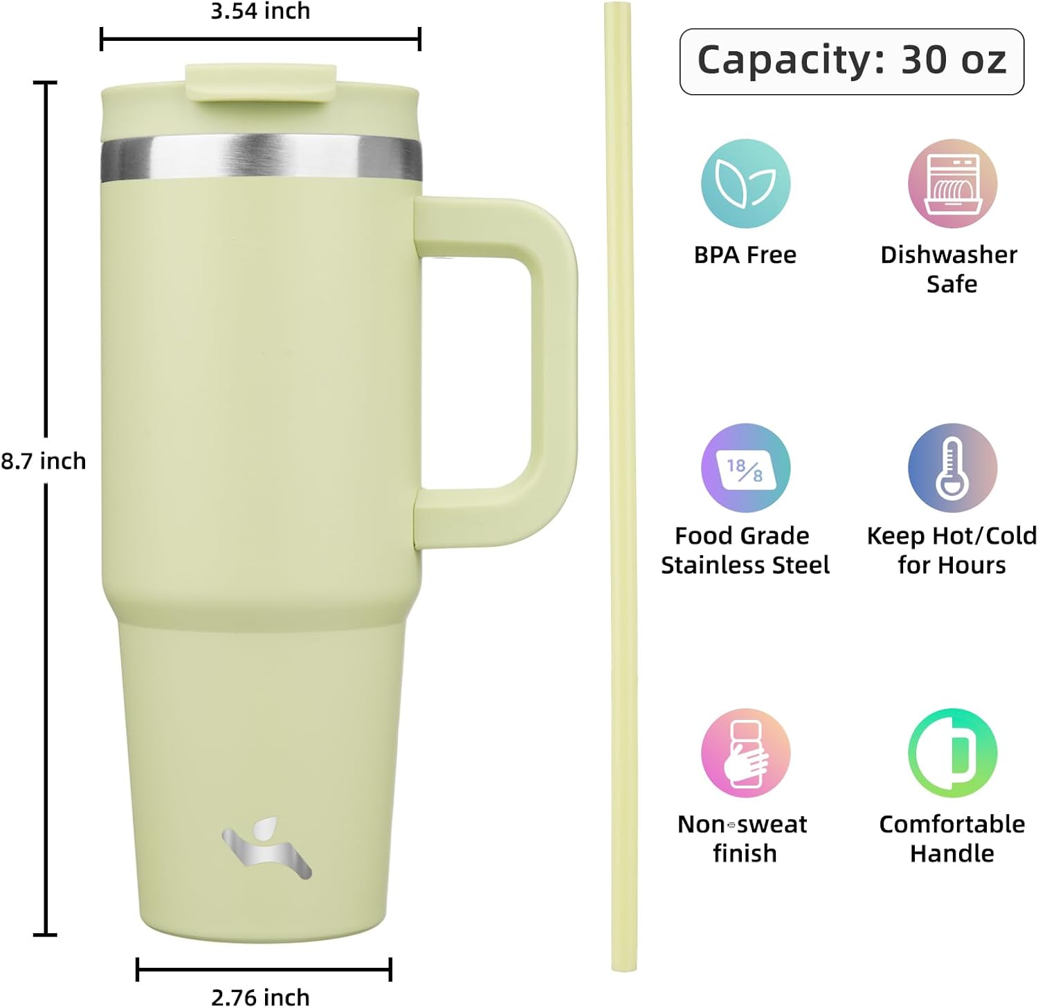 30 oz Tumbler with Handle and 2 Straws,2 in 1 Lid Insulated Water Bottle Stainless Steel Travel Coffee Mug,Macaron Green - Image 4