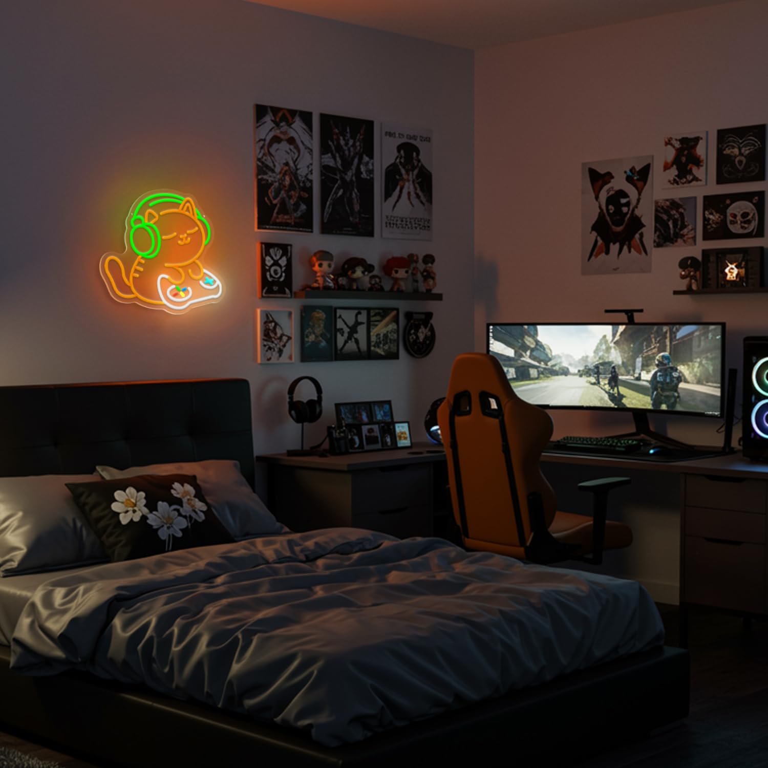 Cat Gamer Neon Sign,Cat con cuffie Led Sign,Insegne al neon per la decorazione della parete, Luce al neon LED da gioco per la stanza dei ragazzi, sala giochi, decorazione camera da letto