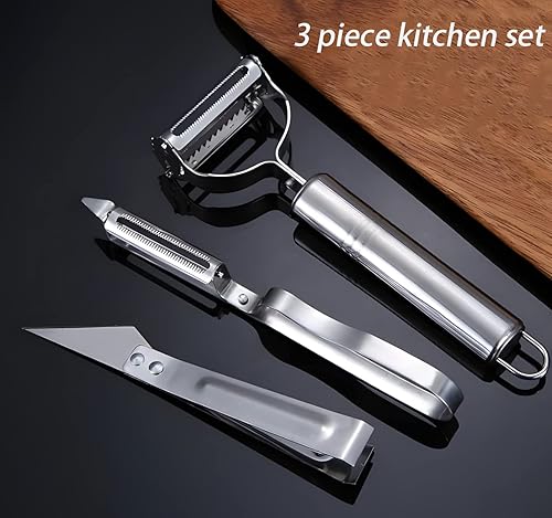 Miniatura 2 de Juego de 3 piezas de cocina con mango de acero inoxidable, rallador y pelador de doble cara, pelador y pinza de pelo de cerdo.