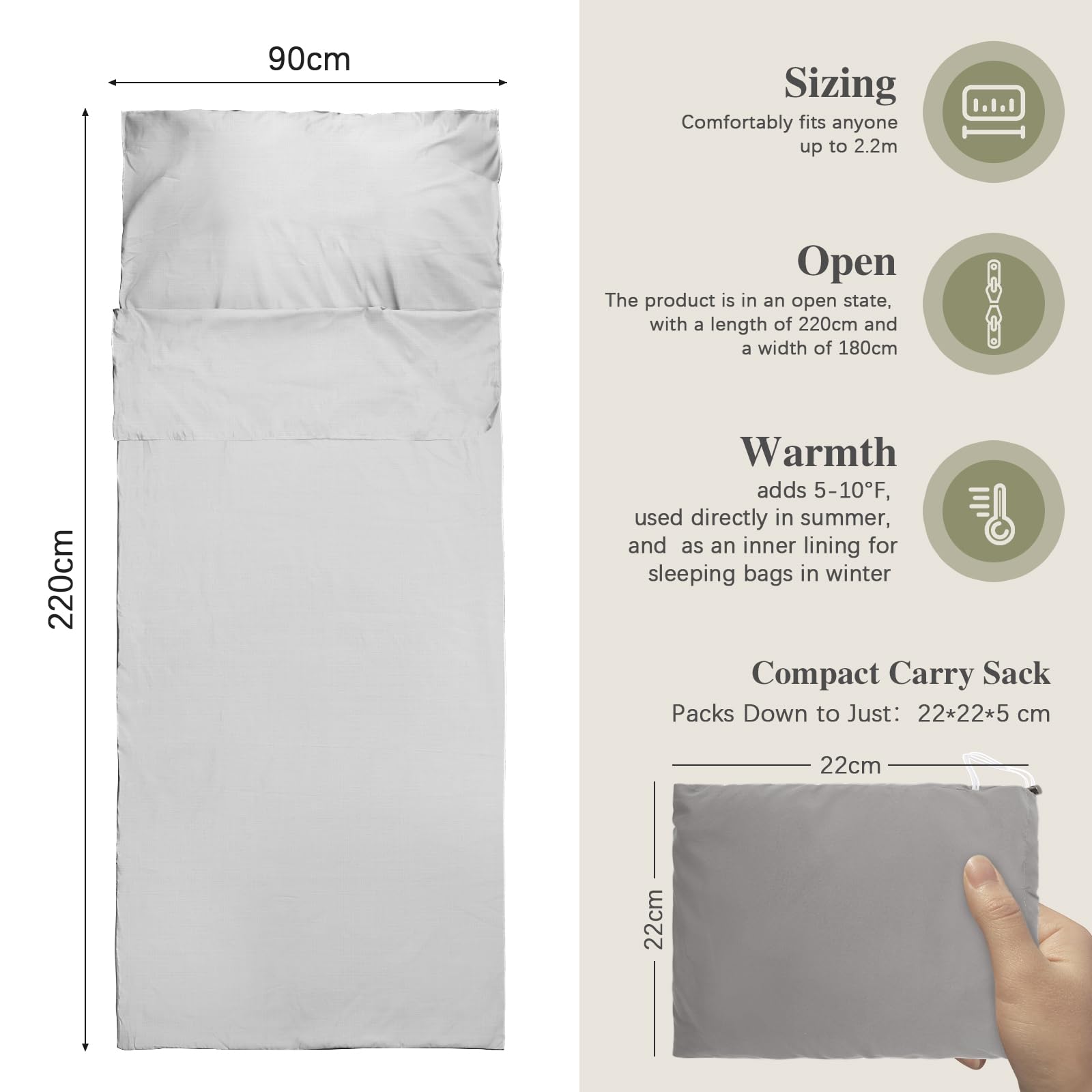 Sacco Lenzuolo Da Viaggio Ultraleggero - 220x90cm, Grigio, Perfetto Per Zaino E Viaggi - Foto 10