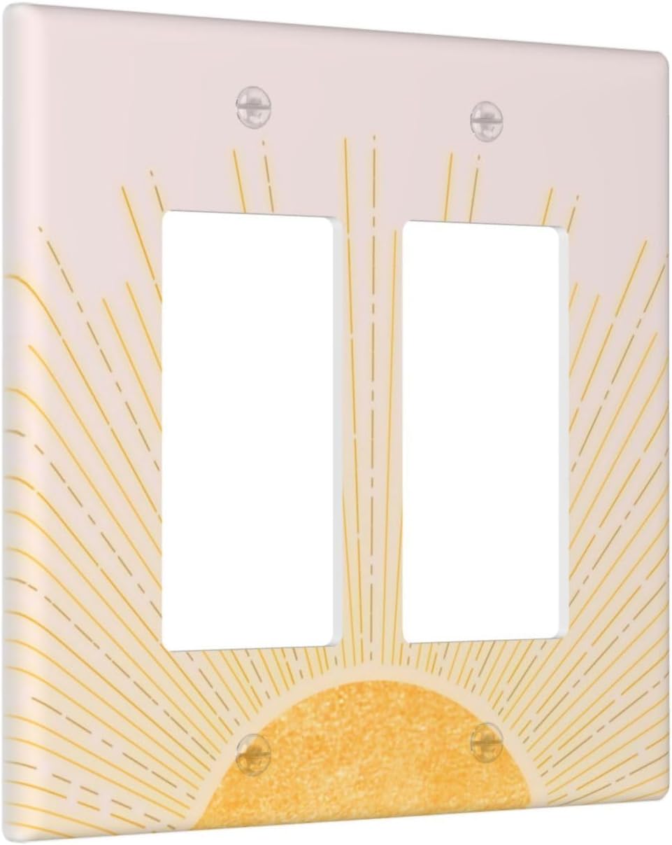 Boho Yellow Sun Sunset Decorative Outlet Covers Abstract Mid Century 2 Gang Double Decorator Gfci/Rocker Wall Plate Retro Sunshine Minimalist Electrical Light Switchplate Bathroom Bedroom