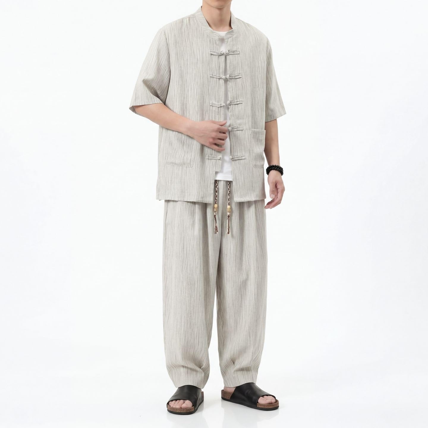 Męski garnitur w stylu chińskim Tang Ice Silk Casual Athletic Krótki rękaw Długie spodnie 2-częściowy strój