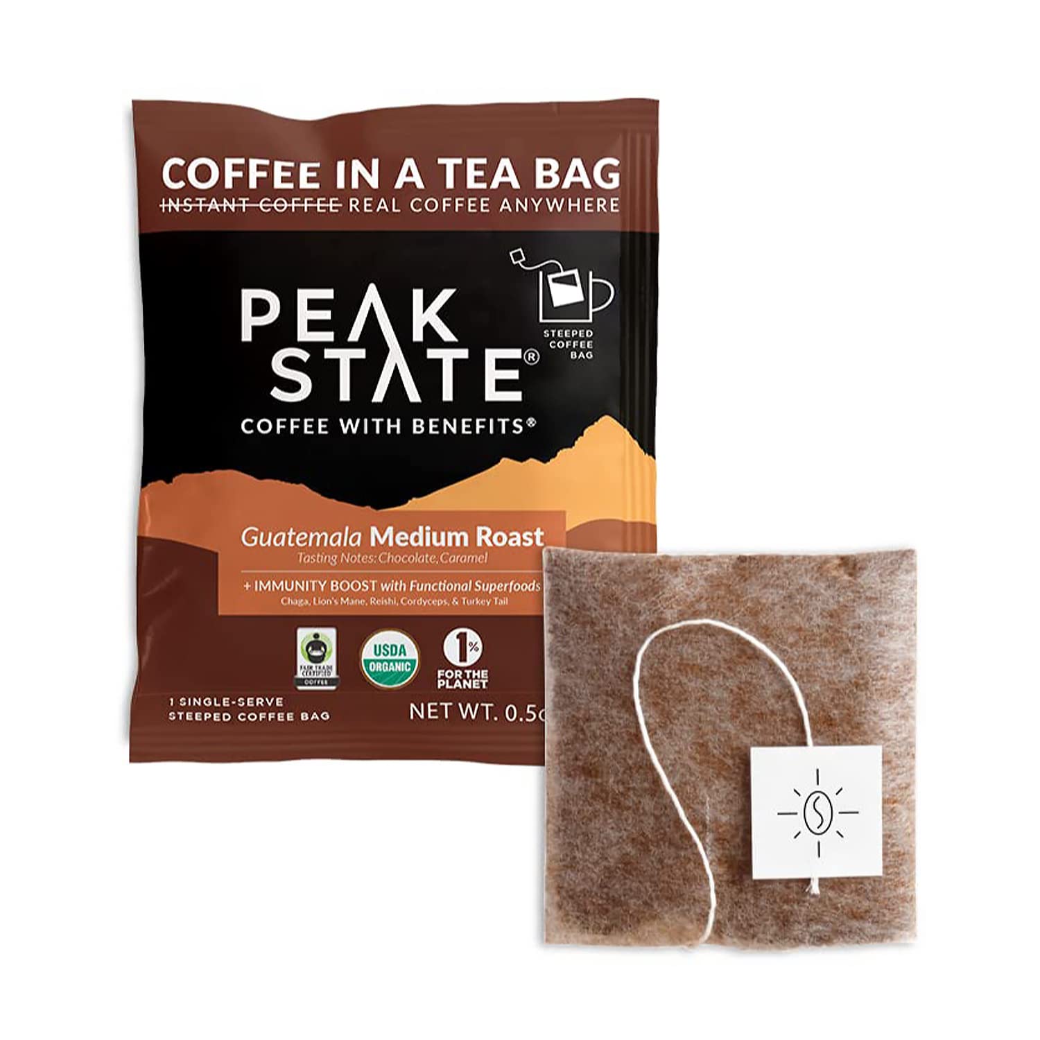 Peak State Immunity Boost Coffee with Benefits, Medium Roast – Mushroom Coffee, Low Acid & Smooth, Dark Chocolate & Sweet Grape, Organic Whole Bean Coffee, Gluten Free, 10 Single Serve Brew Bags