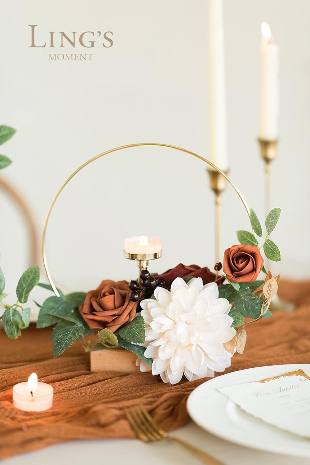 Ling's moment Candle Holder Hoop Terracotta Wreath Floral Centerpieces for Sweetheart Table, Head Table, Ceremony Reception Artificial Flowers Decorations Assembled(Set of 3)