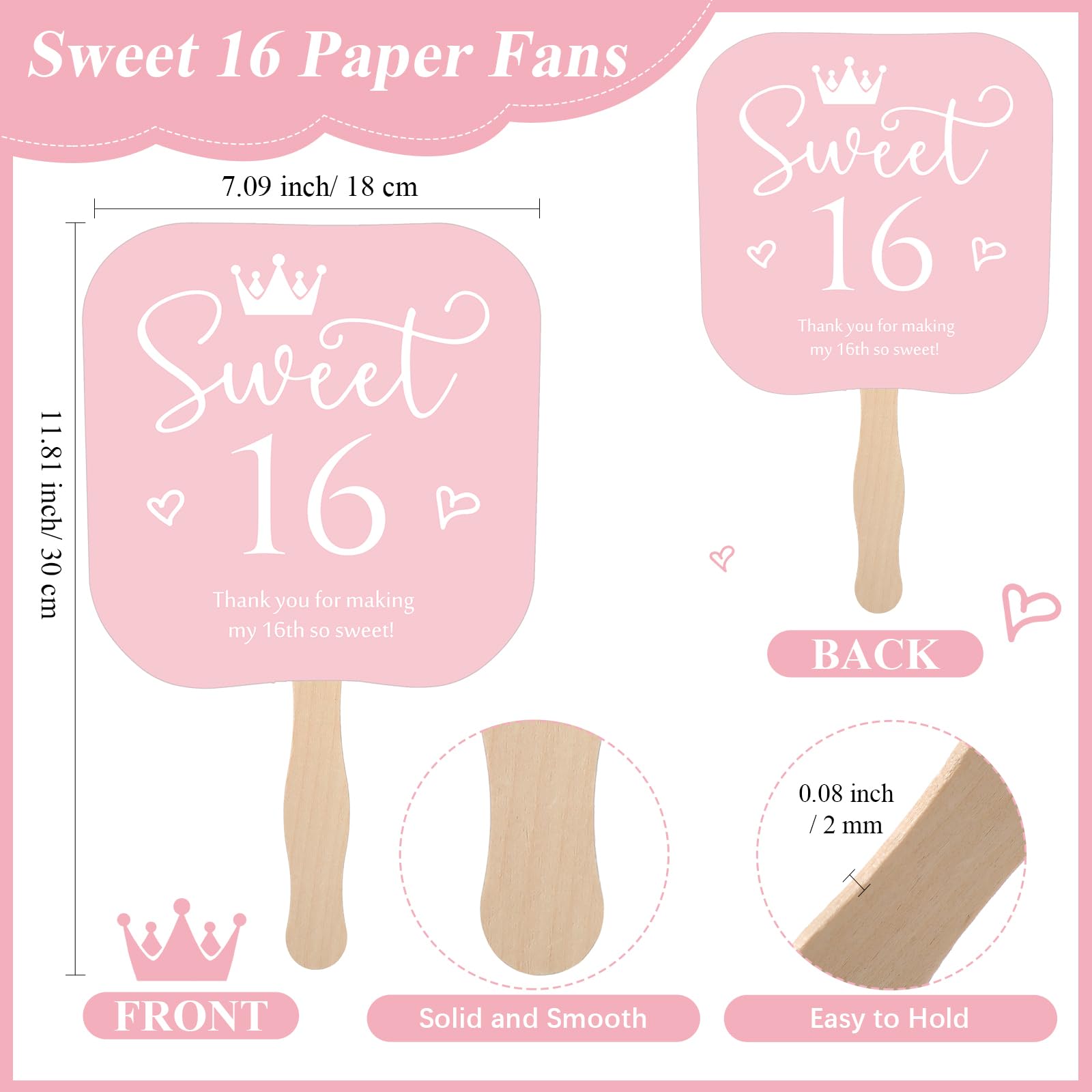 Geelin 25 Pcs Sweet 16 Birthday Party Favors Pink 16 Handheld Fans Thank You Paper Fans with Wooden Handle for Guests Sweet 16 Birthday Gift Souvenir Themed Party Decorations