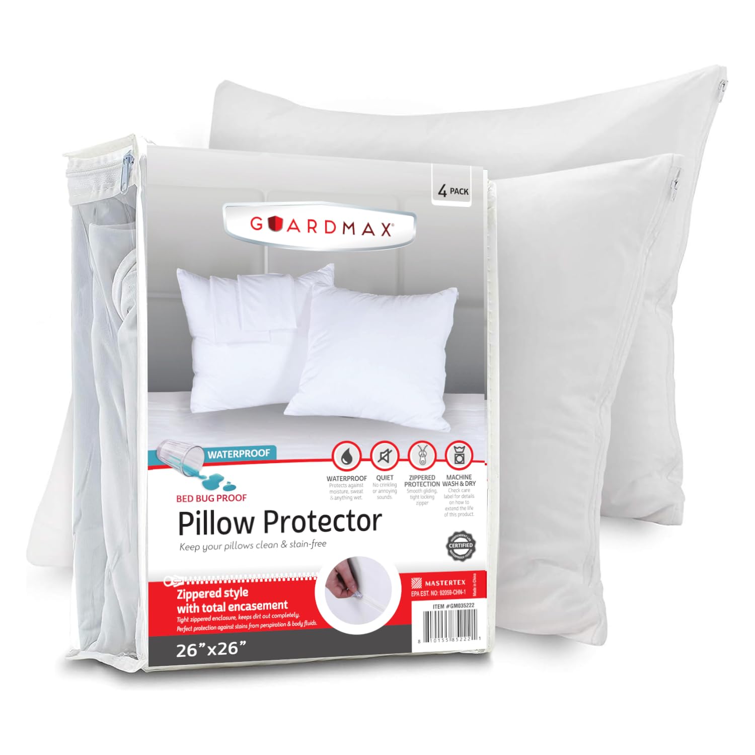 Guardmax Protector de almohada europea de jersey con cremallera, 4 unidades. impermeable, a prueba de chinches y ácaros, fundas de almohada hipoalergénicas de alta calidad 66 x 66 cm