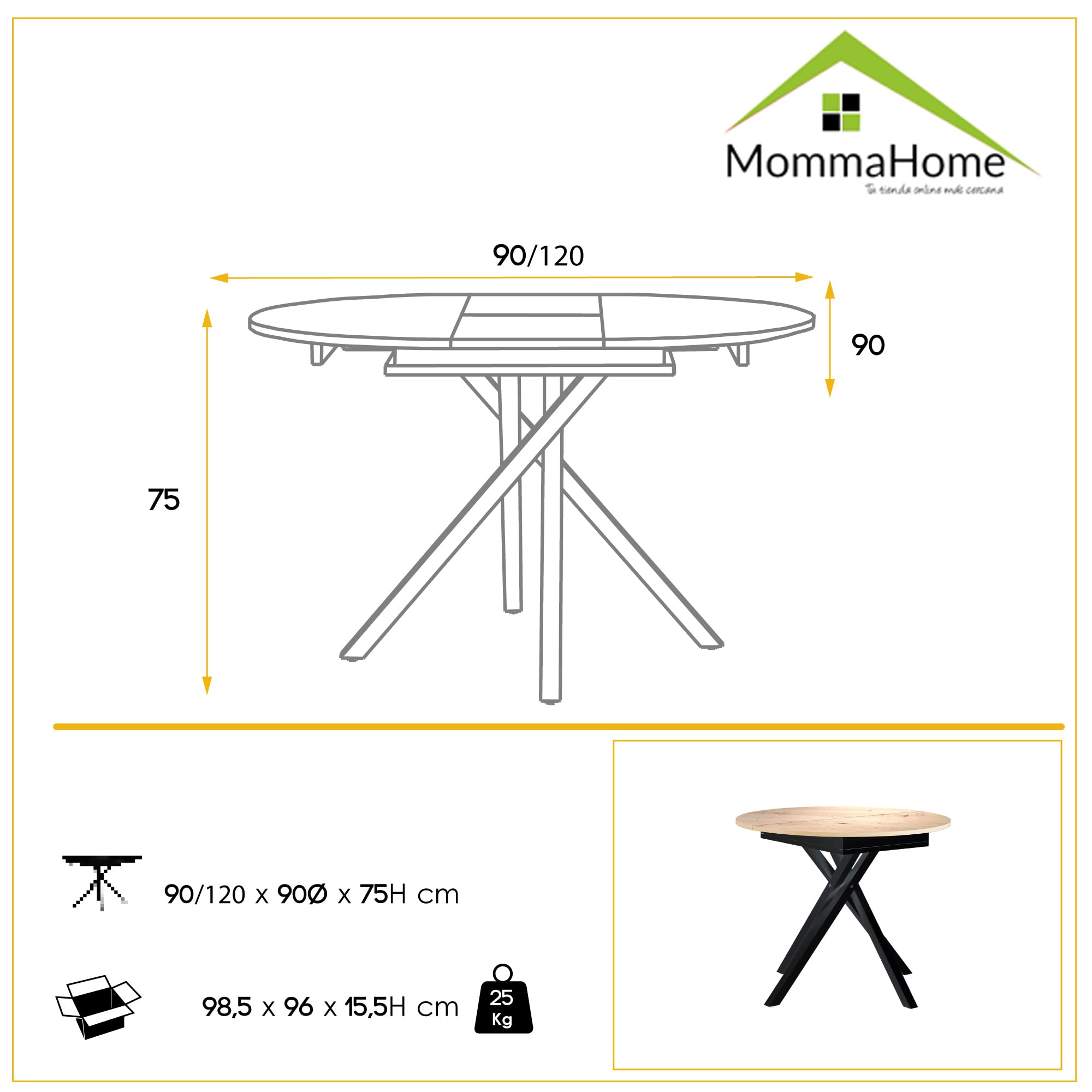 MOMMA HOME Mesa de Comedor Extensible y Plegable – Mesa Redonda para Salón, con Patas Metálicas Regulables, Color Roble/Negro, 90-120x90x75 cm