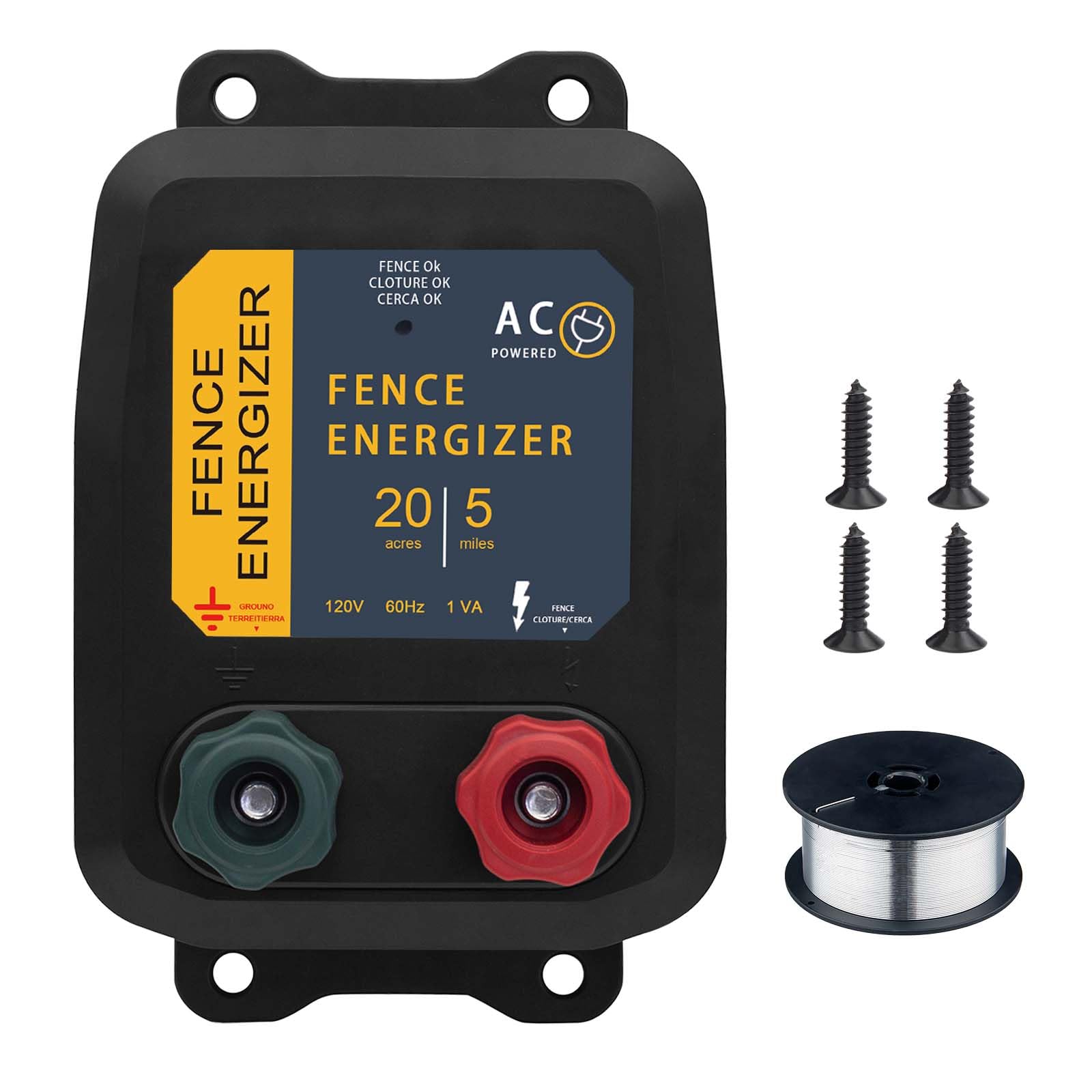 Electric Fence Energizer,PE5 Electric Fence Charger for Livestock Containing Pets and Animal Control-5 Miles/ 20 Acres AC Powered 120 Volt (with Aluminum Wire) 0.20 Joule