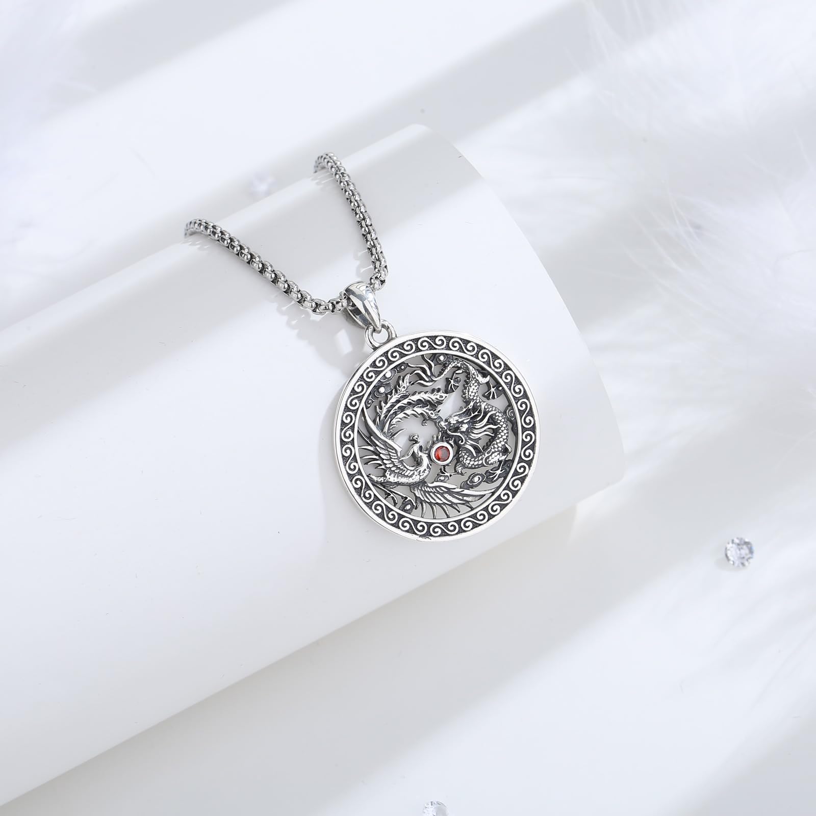CELESTIA Colgante Dargon y Fénix Mujer Hombre Collar Yin Yang Plata de Ley 925 Turquesa Joyería Regalos para Pareja Madre y Padre- Cadena Acero Inoxidable