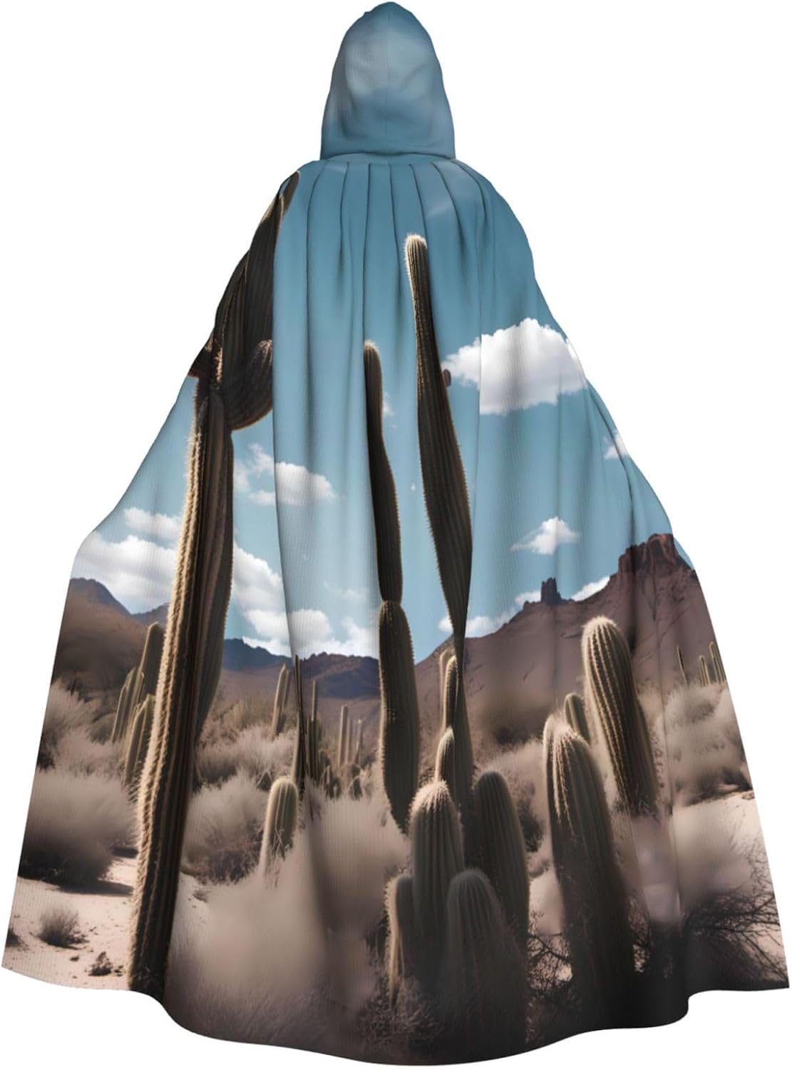 Unisex Full Length Hooded Halloween Christmas Party Robe Cloak Cape Cosplay Costume Men Women Beautiful Cactus Prints Black