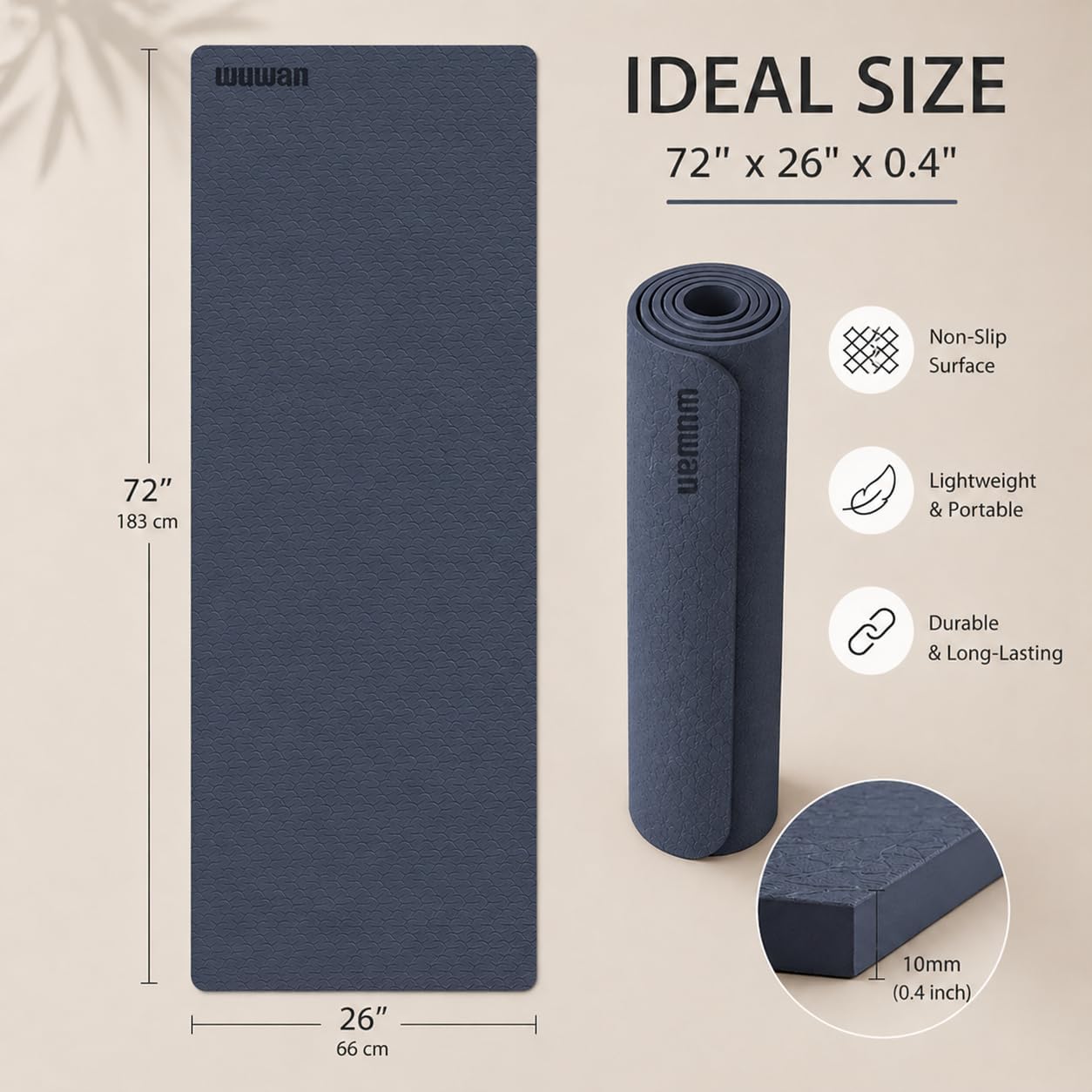 10 mm Yoga Mat 72"x26" TPE Non-Slip Exercise Mat 0.4" Thick, Easy-to-Carry Fitness Mat for Yoga, Pilates & Workout, Professional Mat, Made with Recyclable Material, Durable, Easy to Clean