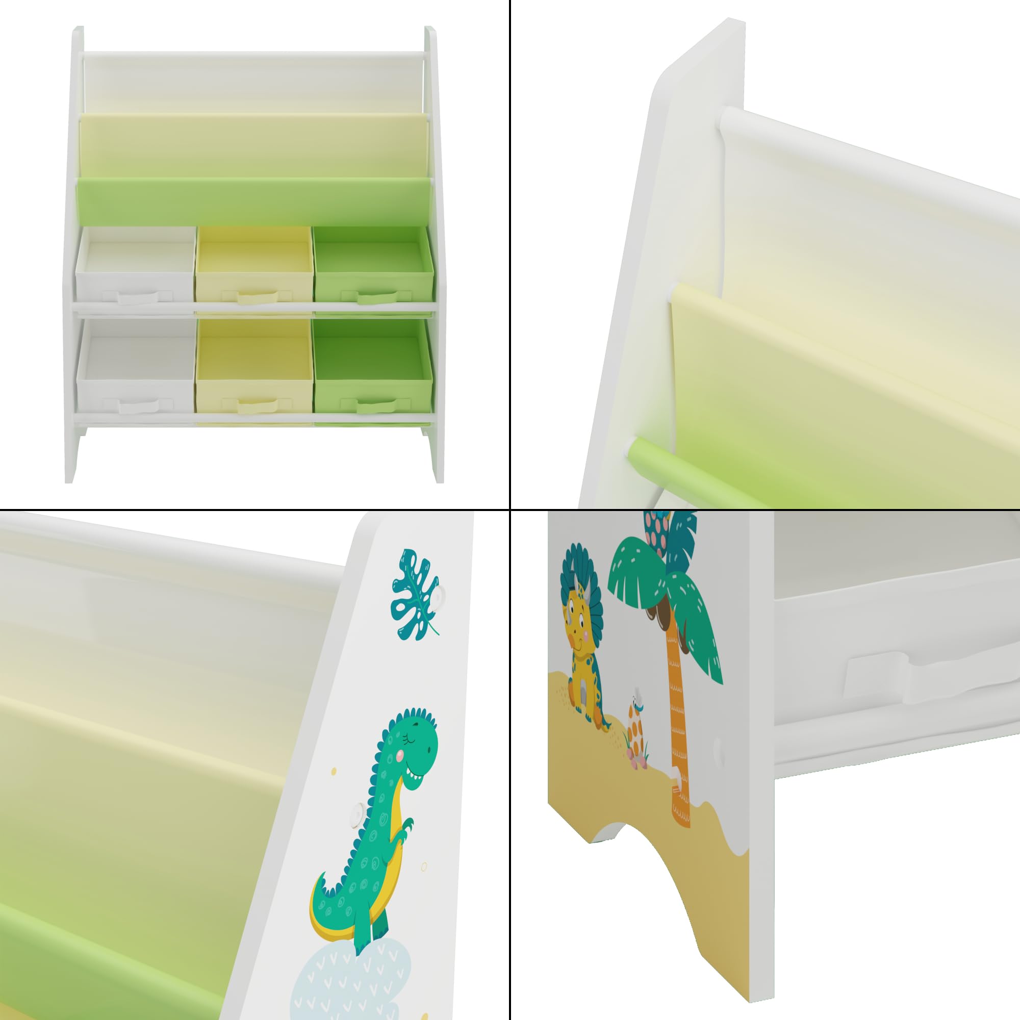 [en.casa] Estantería para Niños Organizador de Libros y Juguetes Motivo de Dinosaurio con 6 Cajas Aglomerado/Poliéster 74 x 62 x 27 cm Blanco y Verde/Amarillo