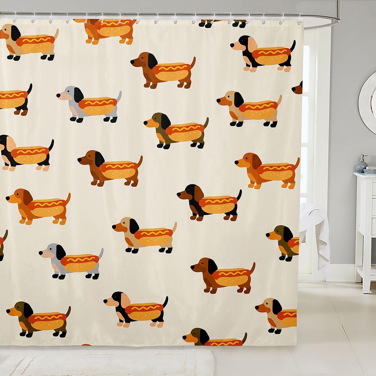 Homewish Cute Dachshund Dog Shower Curtain Set with 12 Hooks,Hot Dog Food Bathroom Curtain,Kids Girls Teens Funny Pet Animal Waterproof Fabrics Cartoon Puppy Bathroom Decor,72" W x 72" L