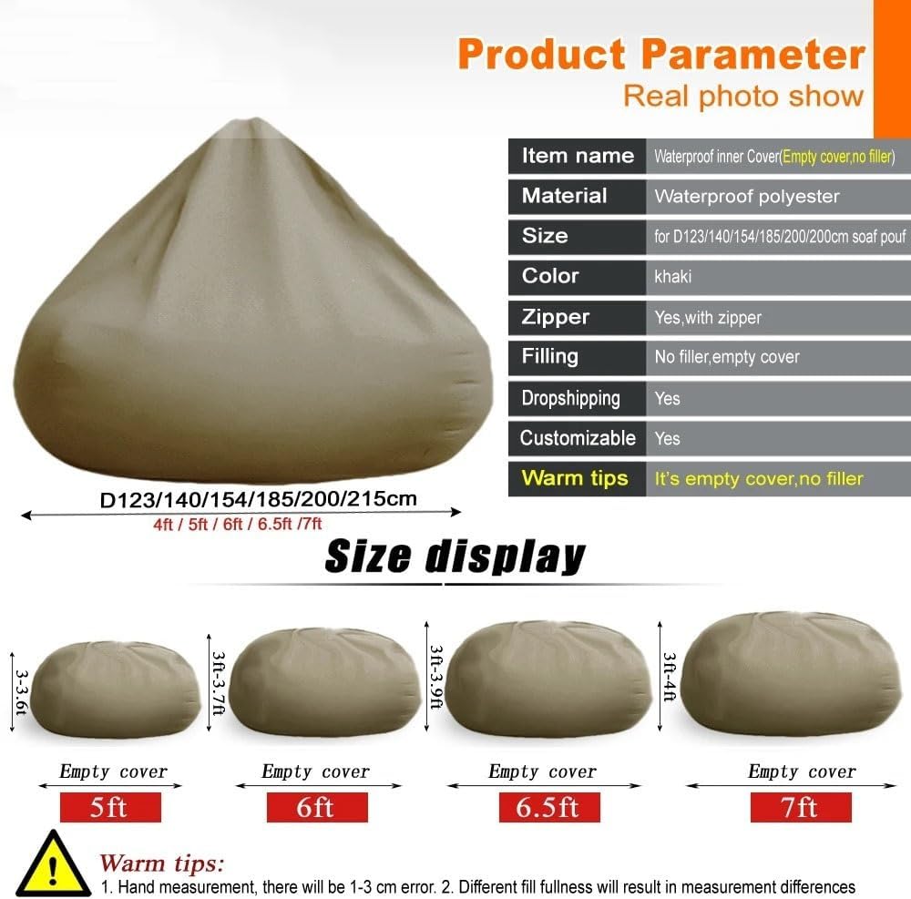 4/5/6/7ft Waterproof Giant Round Pouf Inner Liner Cover Bean Bag Chair (No Filler) Bean Bag Sofa Bed Insert Covers for Packing Beanbag Filler EPP EPS Beans (Inner Liner-Cover, 6ft-D180cm-cover)