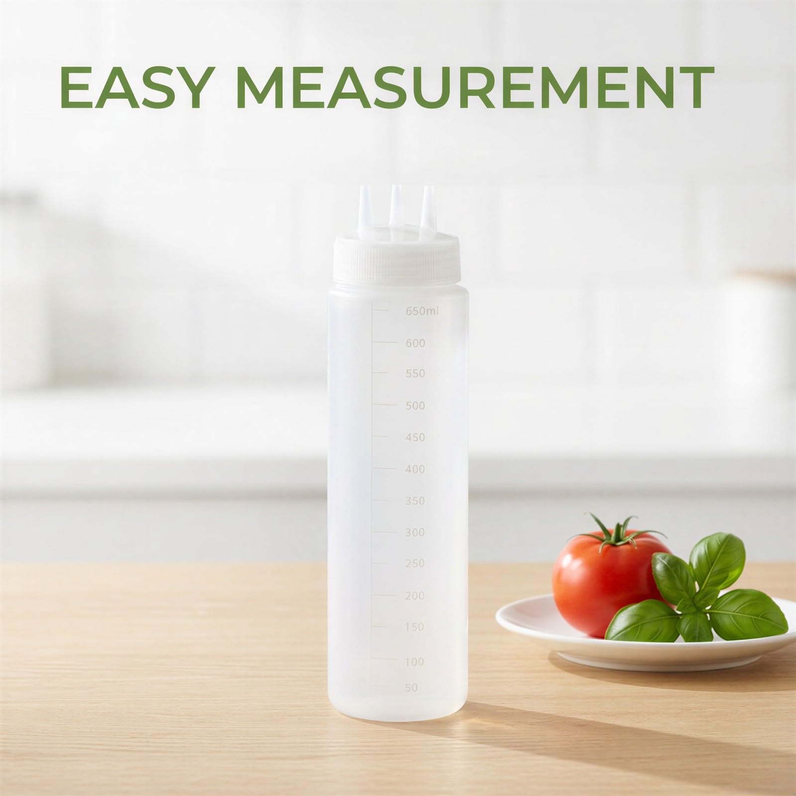 4 Stk. Saucenflaschen zum Drücken mit 3 Öffnungen, 24 oz 650 ml Quetschflaschen mit Skala, Flaschen mit Tri-Kegel-Düse, aus Kunststoff für Sirup, Ketchup, Dressing, Öl, Honig