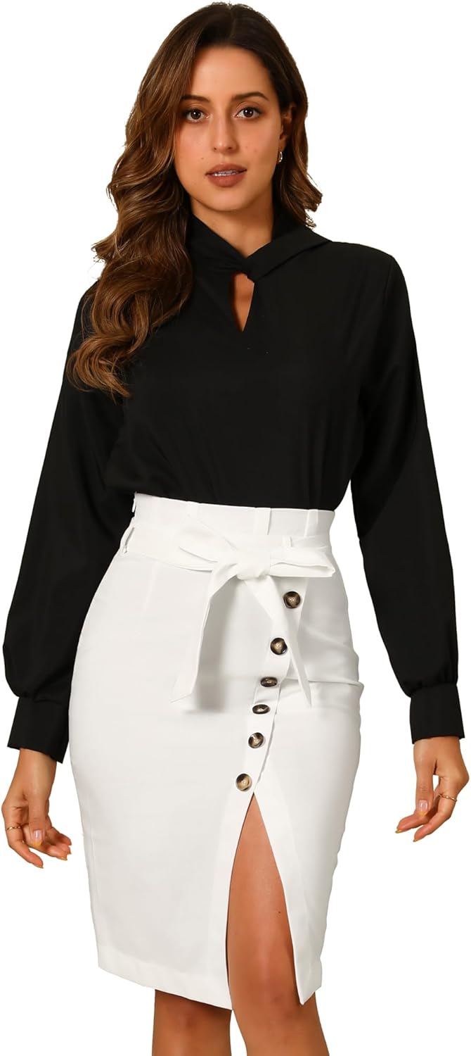 Allegra K Women's Pencil Skirt High Waisted Slit Button Decor