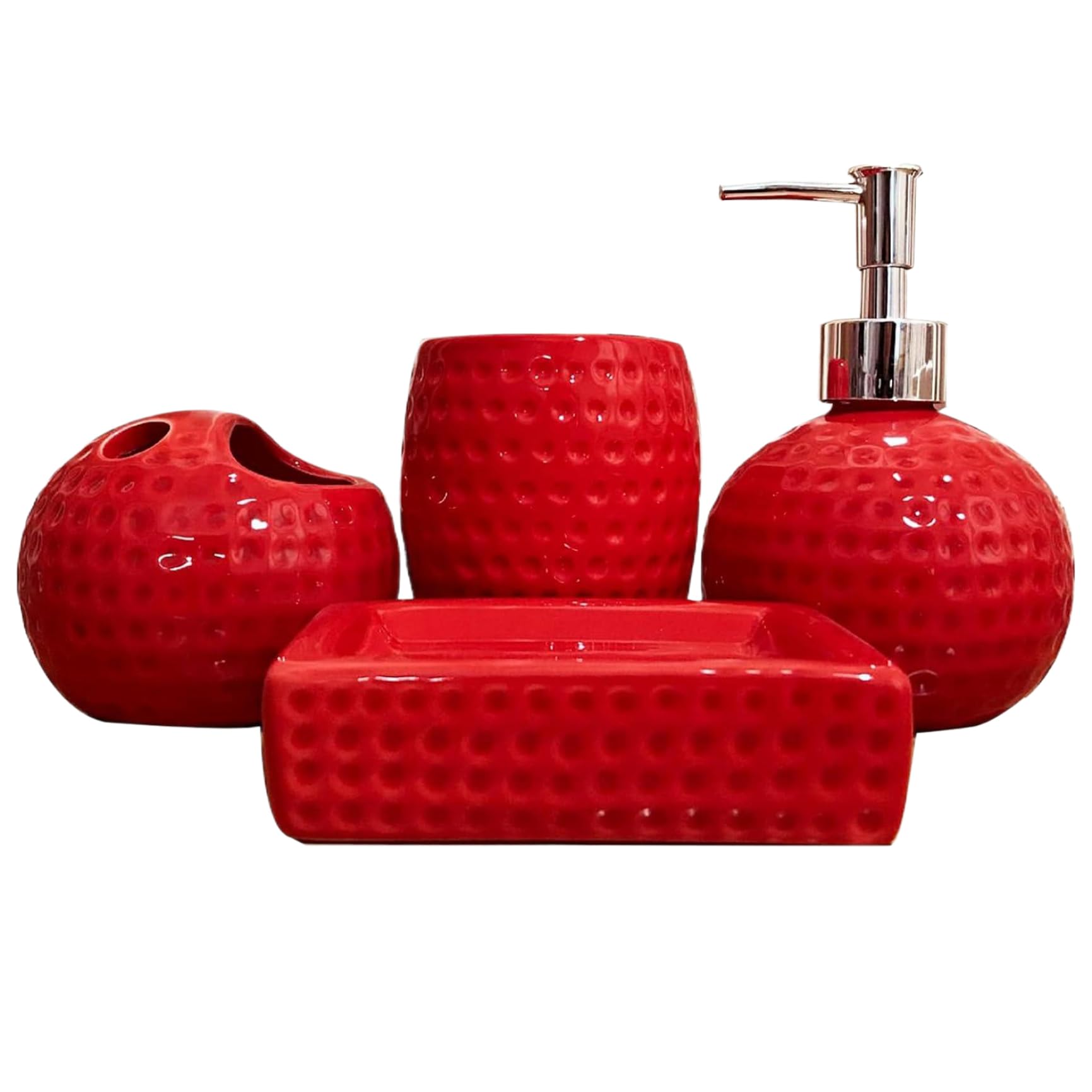 Set da Bagno Rosso, Accessori in Ceramica da 4 Pezzi Include portaspazzolino, Bicchiere, Dispenser per lozioni, portasapone, Decorazioni Natalizie
