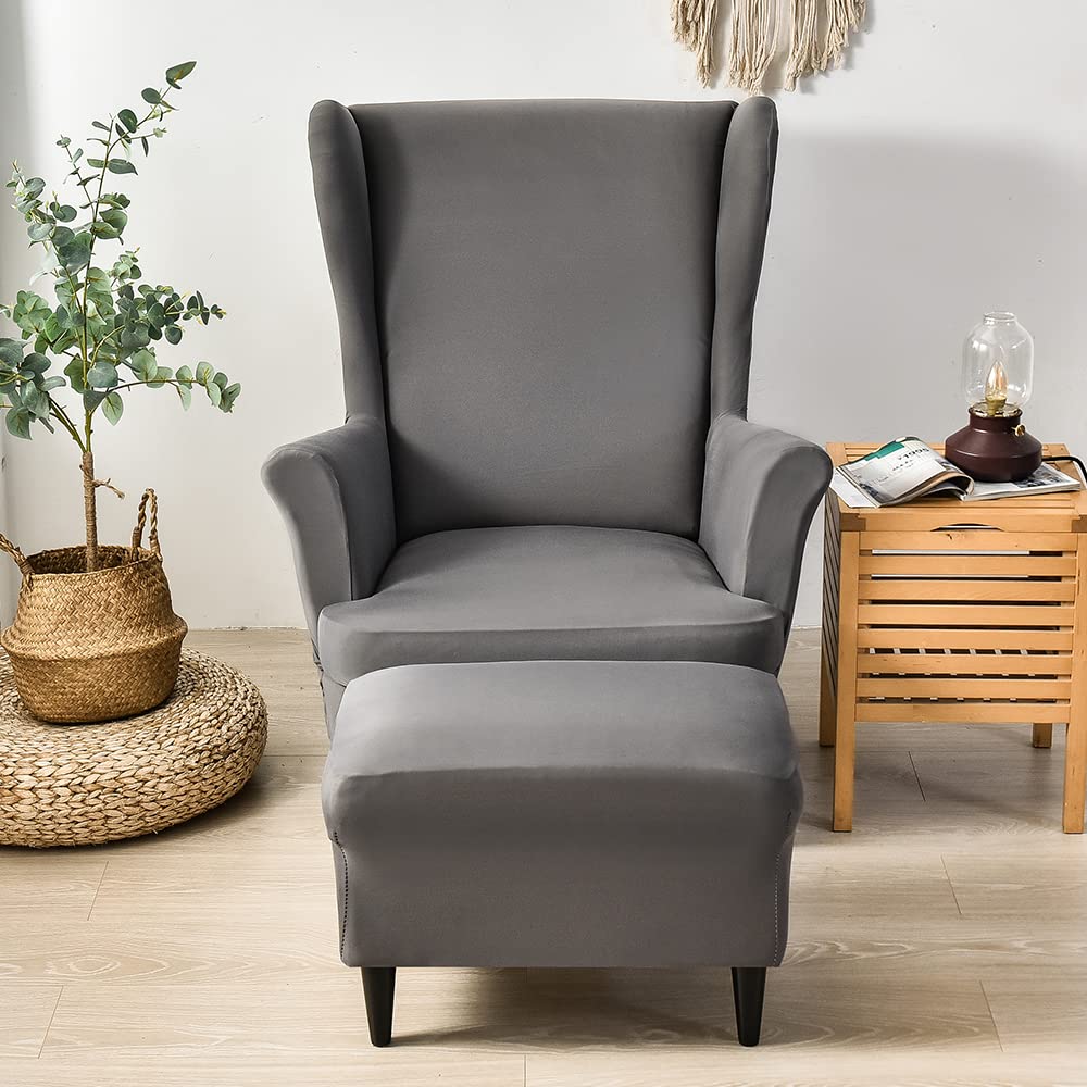 Copripoltrona con Orecchie 1 Posto Elasticizzato 2 Pezzi Coprisedile con Orecchie Fodera per Pouf Fodere per poltrone Elastiche Grigio Scuro