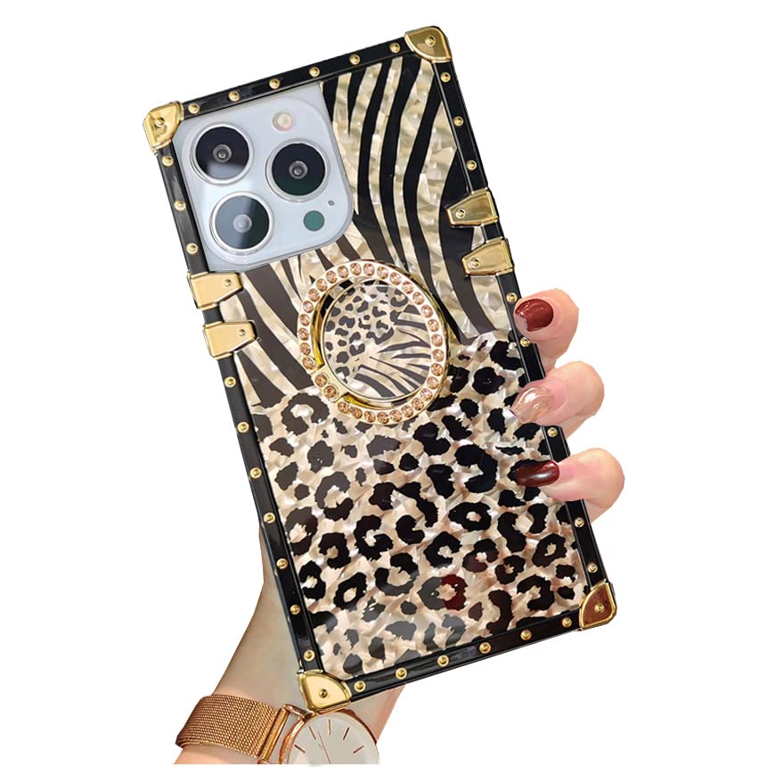 for iPhone 15 Pro Max Trunk Case Luxury Box Design Gold Glitter Bling Cute Leopard Pattern Soft Cover with Finger Ring Grip Kickstand for Women Girls Phone Skin