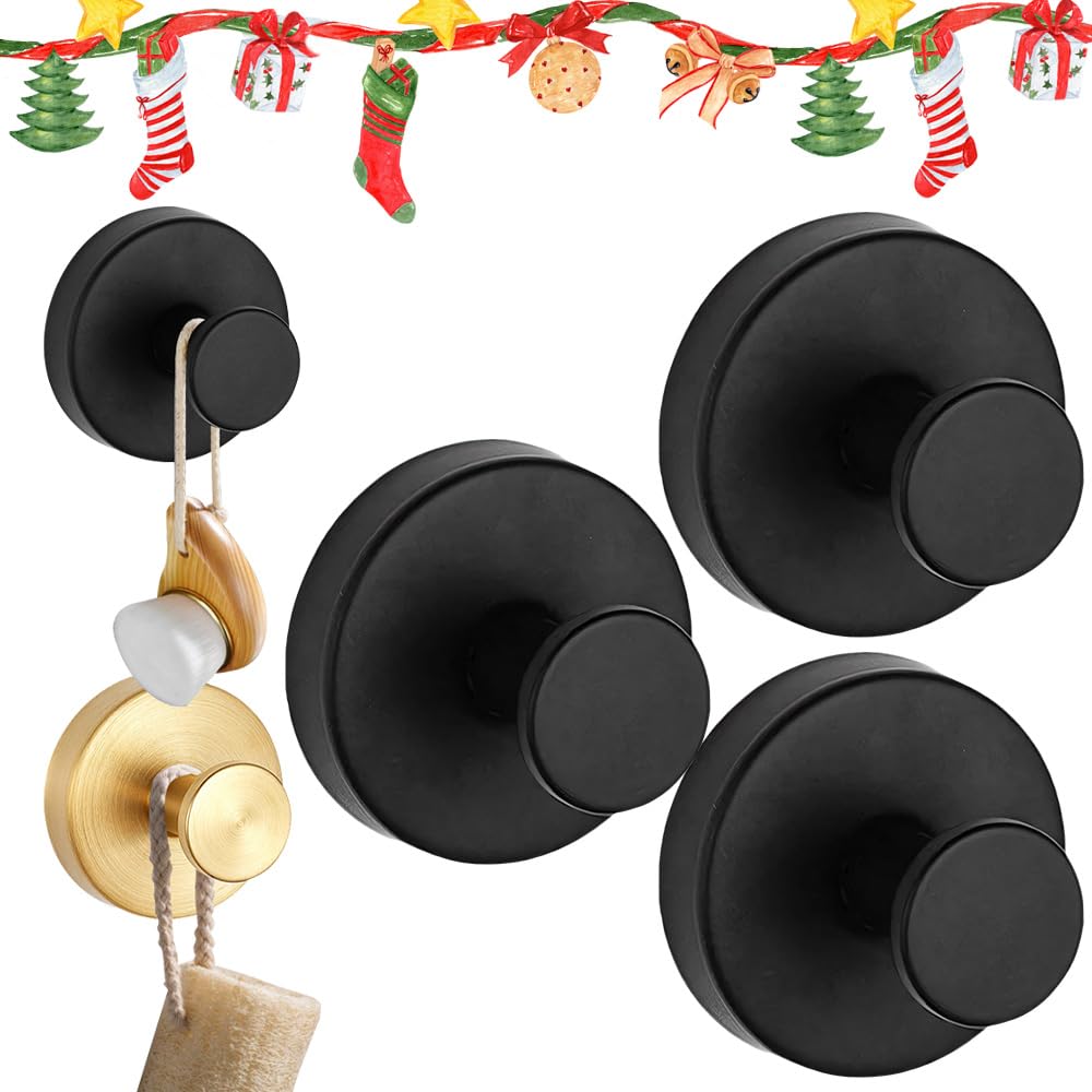2025 Upgraded Suction Cup Hooks, Suction Cup Hanger for Wreaths on Glass, No-Drill Stainless Steel Waterproof Hooks for Shower Bathroom (Black, 3 PCS)