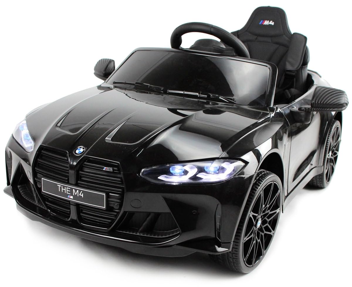 BMW M4, MPower- 90W, 12V-14ah, Eva Räder, Ledersitz, Kinderauto Kinderfahrzeug Kinder Elektroauto, Bluetooth, Fernbedienung 2.4G (Schwarz)