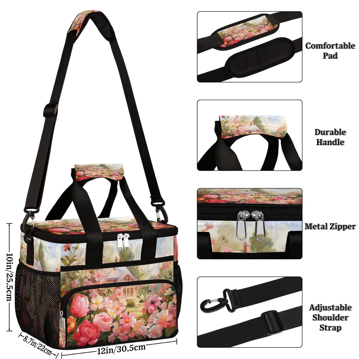Roses Insulated Picnic Backpack Lunch Box for Women Men Picnic Basket Tote Lunch Bag Picnic Bag Portable Lunch Bags for Picnic, Beach, Work, Trip,Office, Camp Flowers Garden