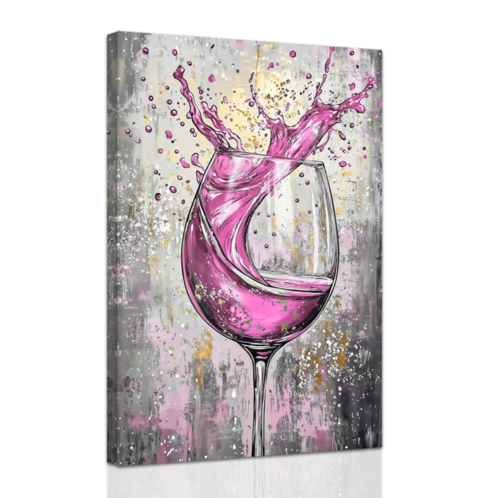 ZXHYWYM Wine Canvas Wall Art for Kitchen Prints Pink Wine Glass Picture Modern Kitchen Restaurant Dinning Room Bar Wall Decor Framed (60 x 90 cms)