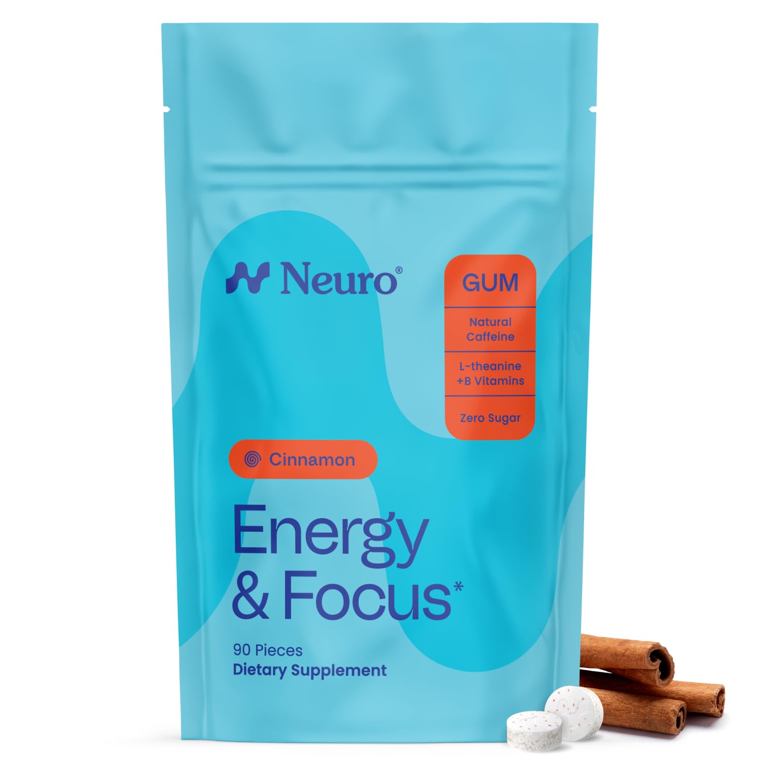 Neuro Energy & Focus Gum - Caffeine Gum with 40mg Natural Caffeine & L-Theanine - Nootropic Energy Supplement with B Vitamins - Sugar Free, Vegan - Cinnamon, 90ct
