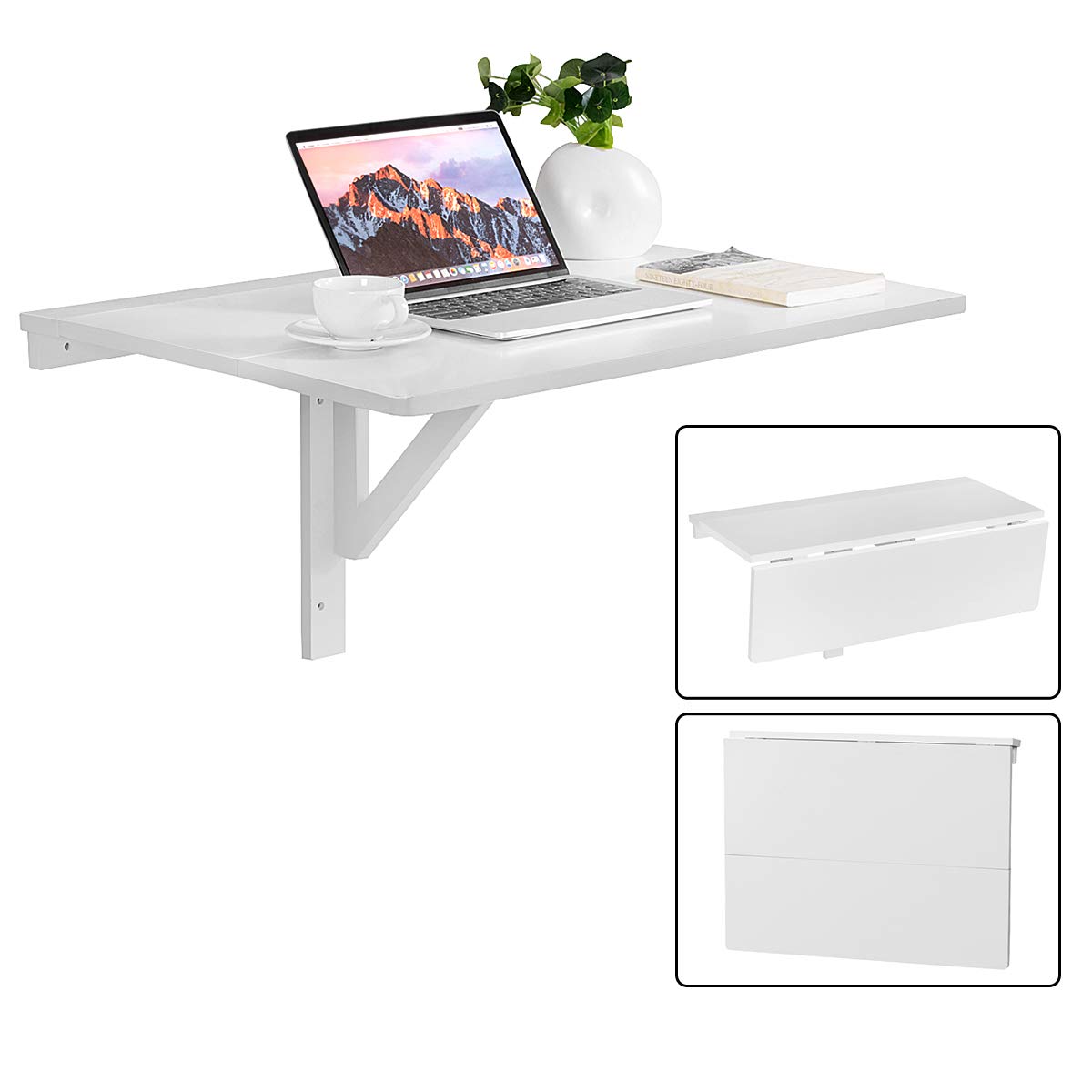 GOPLUS Stół ścienny, wiszący, składany, zajmuje mało miejsca, przenośny, regulowany stół ścienny z płyty MDF i sosny, 80 x 60 x 45 cm, stolik do laptopa do salonu, jadalni (biały)