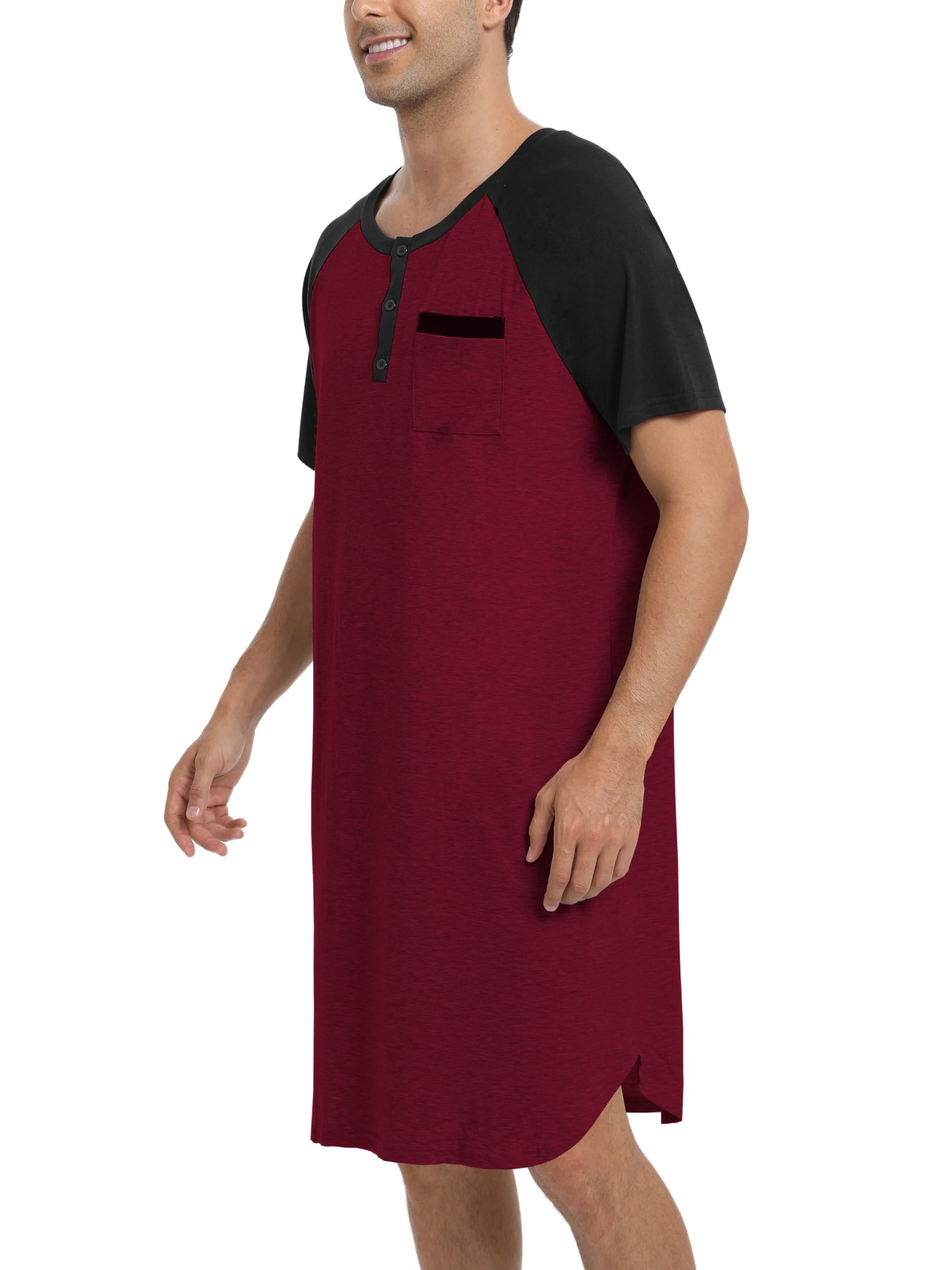 Enjoyoself Herren Nachthemd Kurzarm Baumwolle Langes Schlafshirt Leicht Luftig Pyjamaoberteil Nachtwäsche für Krankenhaus Spa