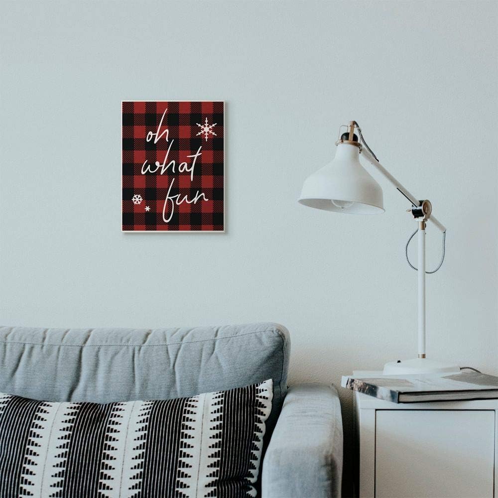 Stupell Industries Oh What Fun Christmas Holiday Red Plaid Word Design Wall Plaque, Multi-Color