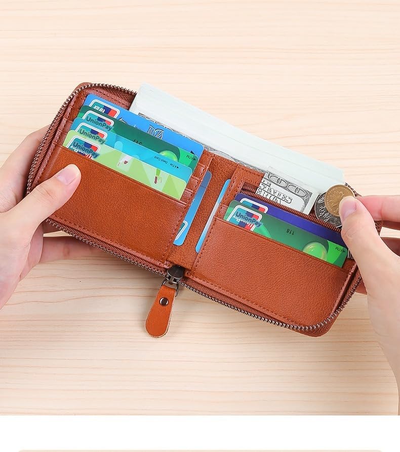Mens Genuine Leather Zipper Wallet RFID Secure Large Capacity Double Fold Multi-card Leather Wallets for Men and coin purse,Brown4
