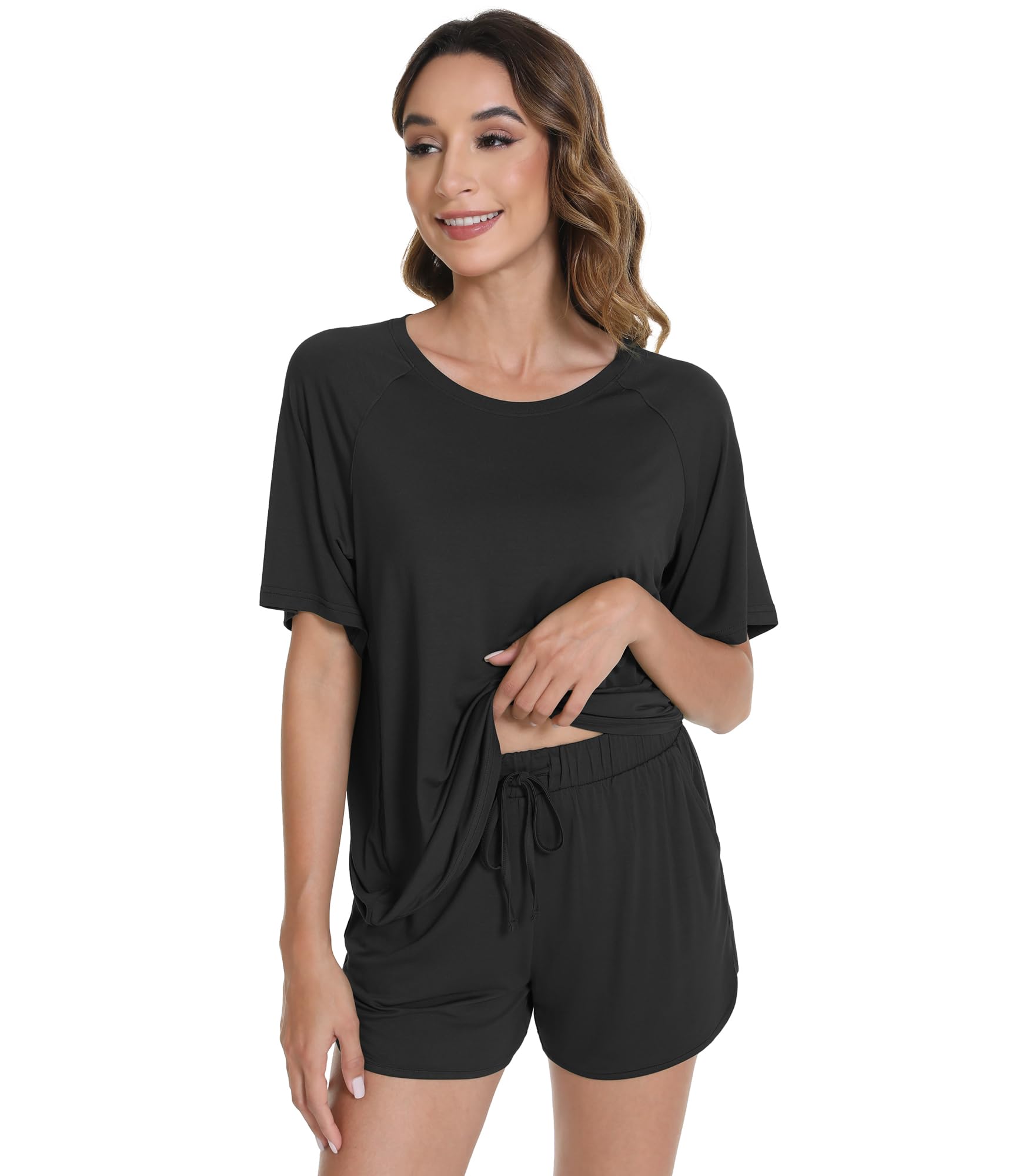WiWi Pijama para mujer, camiseta de manga corta con pantalones cortos de viscosa de bambú, conjunto de pijama refrescante S-XXL