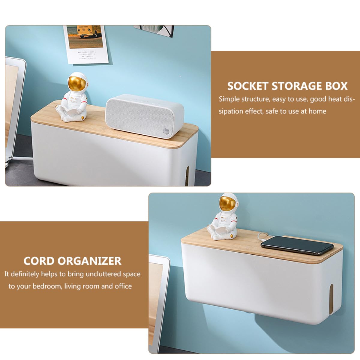 LABRIMP Scatola Organizer per Cavi di Ricarica Coperchio in Legno e Plastica, Salvaspazio e Dissipazione del Calore per Prese Multiple in Soggiorno e Camera