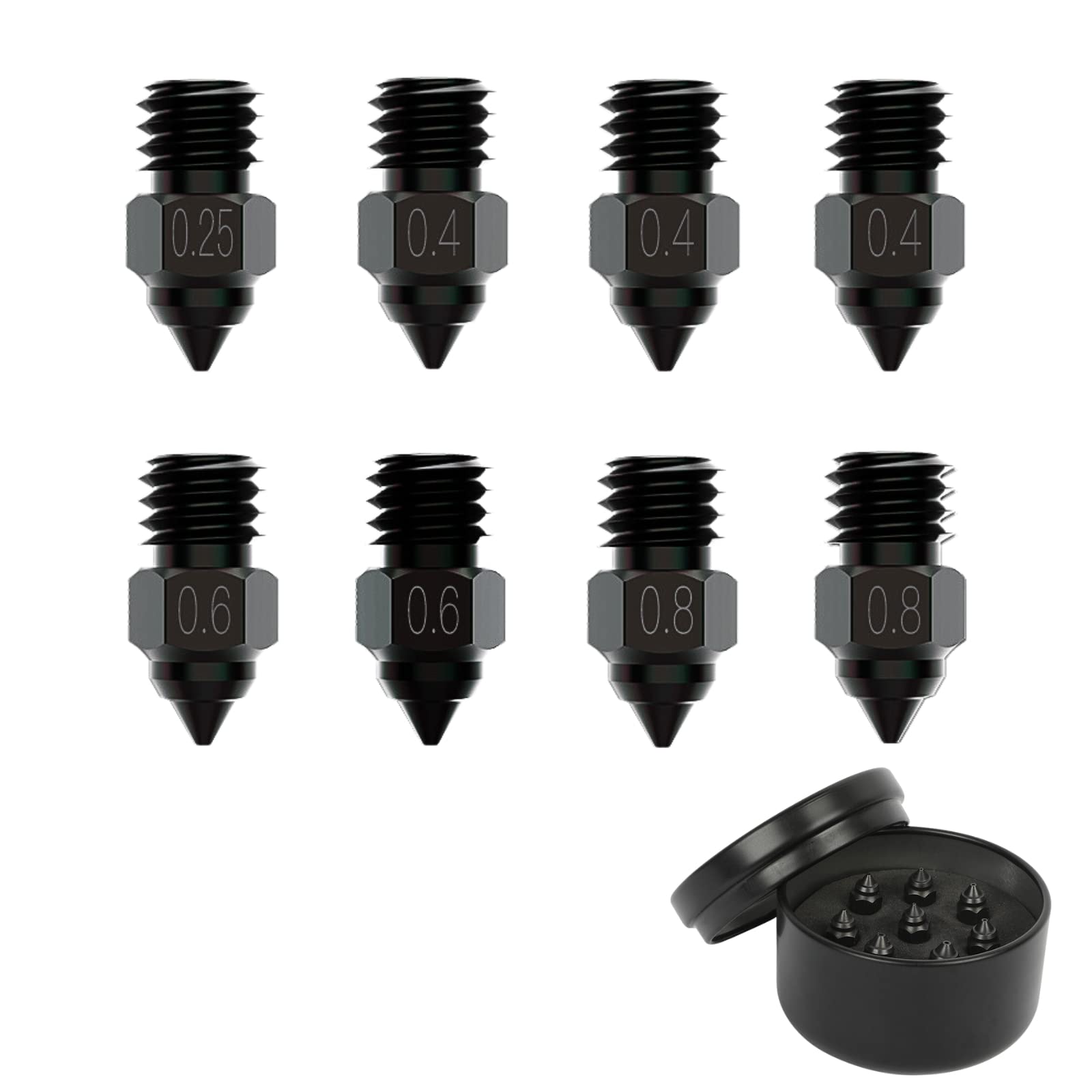 Creality High-end Hardened Steel Nozzle with High Temperature Wear Resistant, 0.25/0.4/0.6/0.8 mm Printer Nozzle Kit with Storage Box for CR-10 Series, Ender-3 Series, and Ender-5 Series (8 pcs)