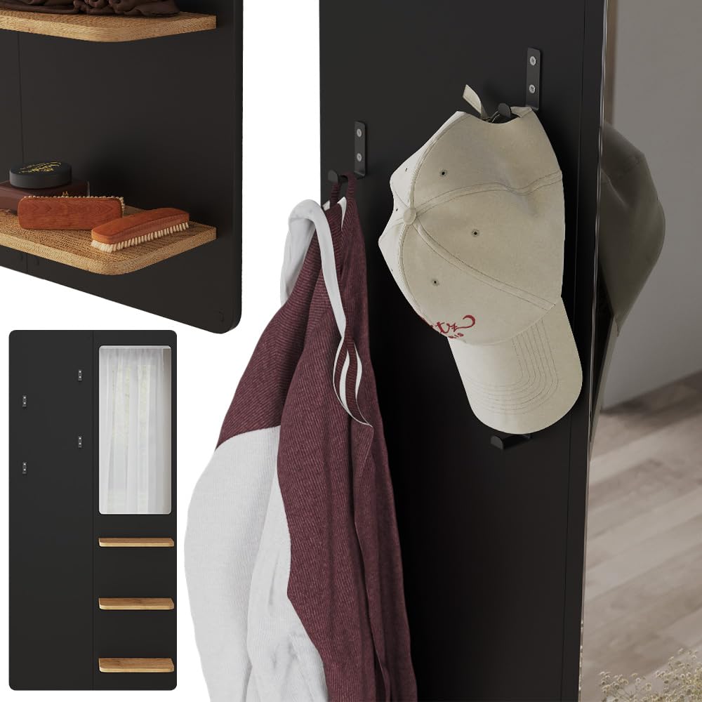 Vicco Appendiabiti da parete Jochen, Nero/quercia, 70 x 150 cm con specchio, da parete con ripiano per scarpe e borse