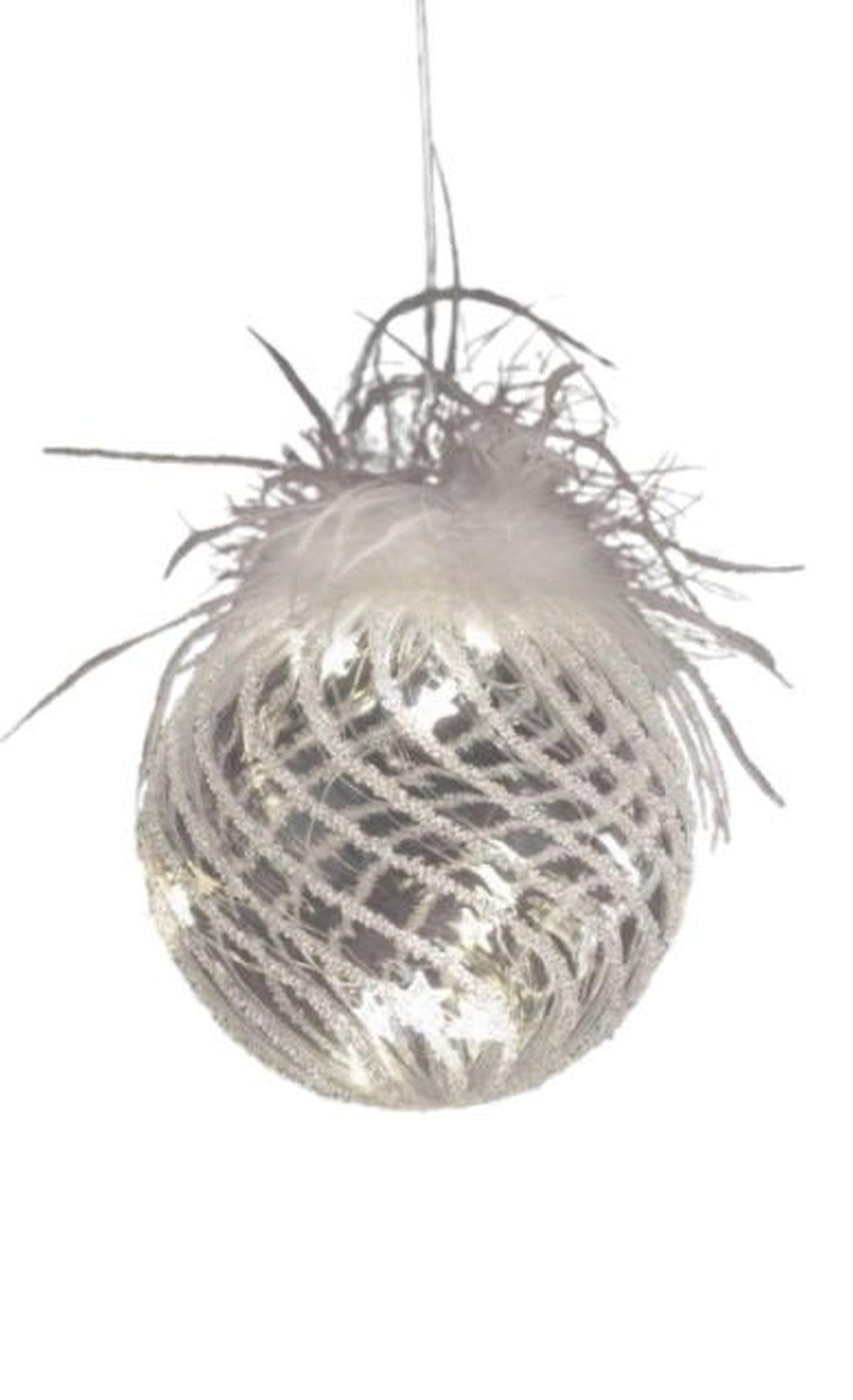 LED Hänger Kugel aus Glas mit Timer Winterdeko mit Federn - Stimmungslicht mit Batteriebox - Hängedekoration beleuchtet für Weihnachten, Fenster & Festliche Winterzeit (12 cm)