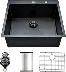 OUGOO 25x18x9 Inch Drop In Kitchen Sink, Handmade 304 Black Stainless Steel Single Bowl, Topmount With 2 Holes, R10 Tight Corner, For Modern Kitchen/RV/Outdoor Sink - View #4