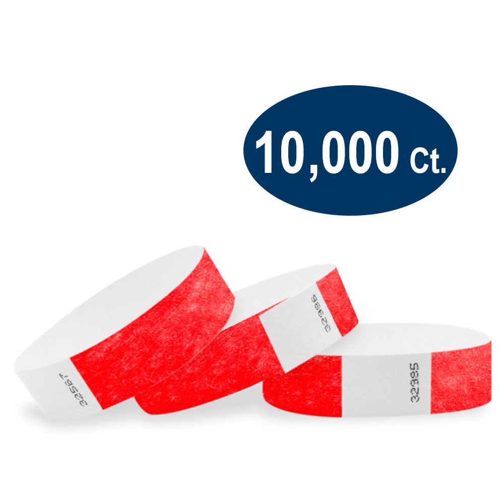 WristCo Neon Red 3/4" Tyvek Wristbands - 10000 Pack Paper Wristbands For Events