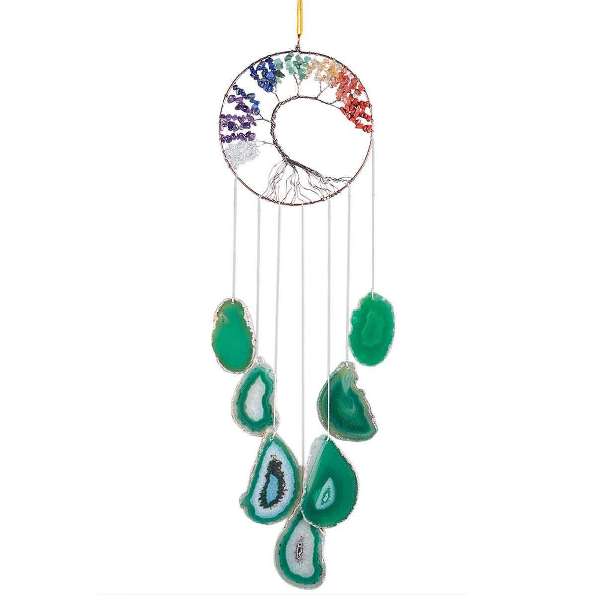 Nupuyai Carillon à vent en tranches d'agate verte arbre de vie - 7 chakras - Ornements à suspendre - Fait à la main - Décoration d'intérieur et d'extérieur