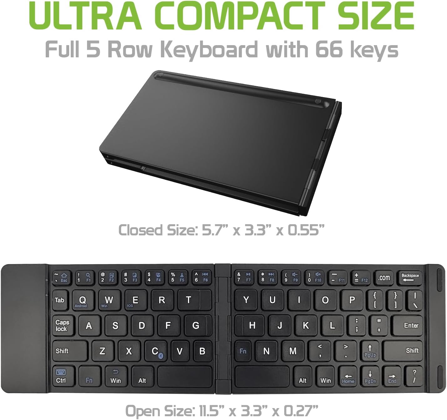 Cellet Portable Bluetooth Wireless Keyboard showing closed and open dimensions
