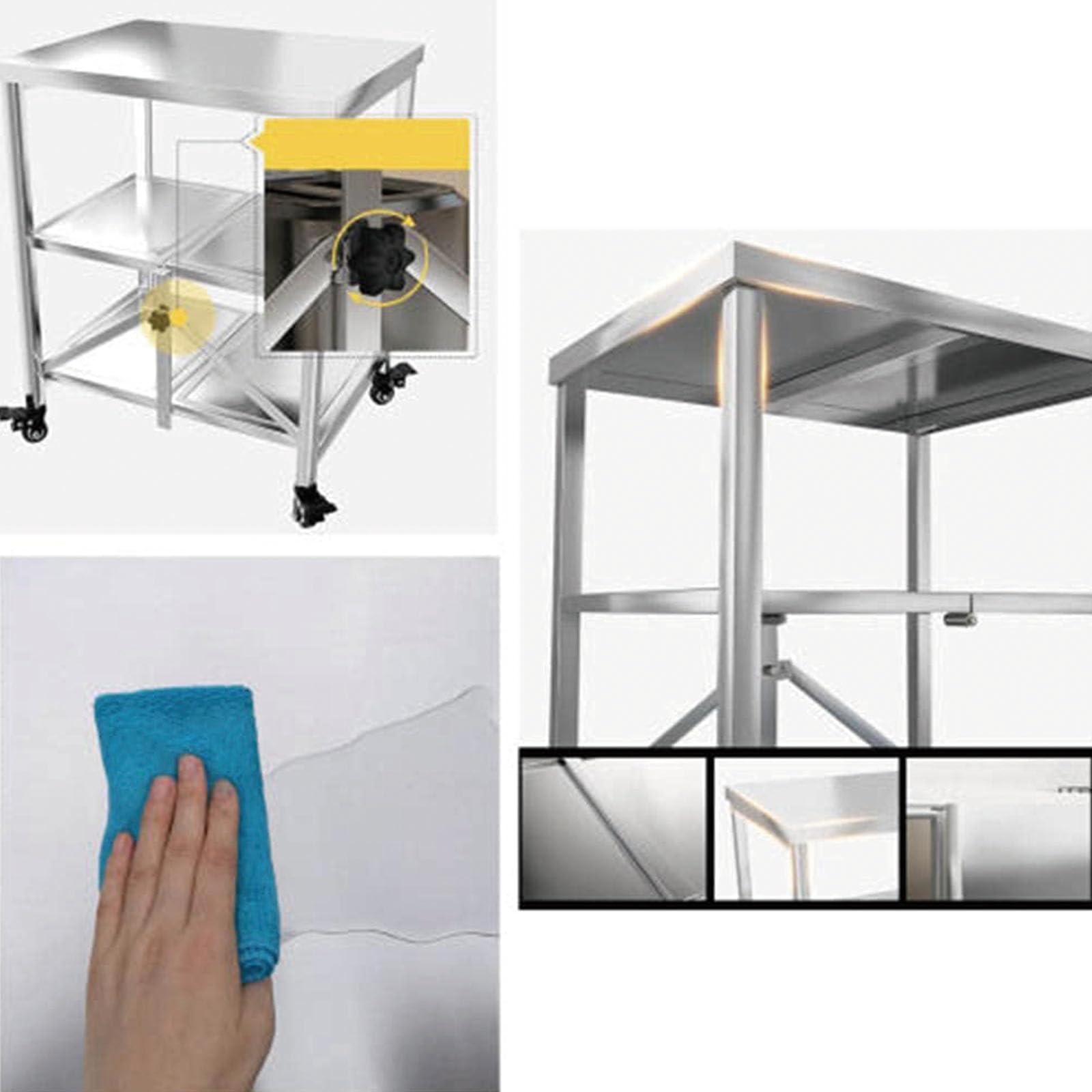 Carrello da cucina in acciaio inox, pieghevole, a 3 ripiani, con ruote bloccabili, grande ripiano per servire e riporre oggetti