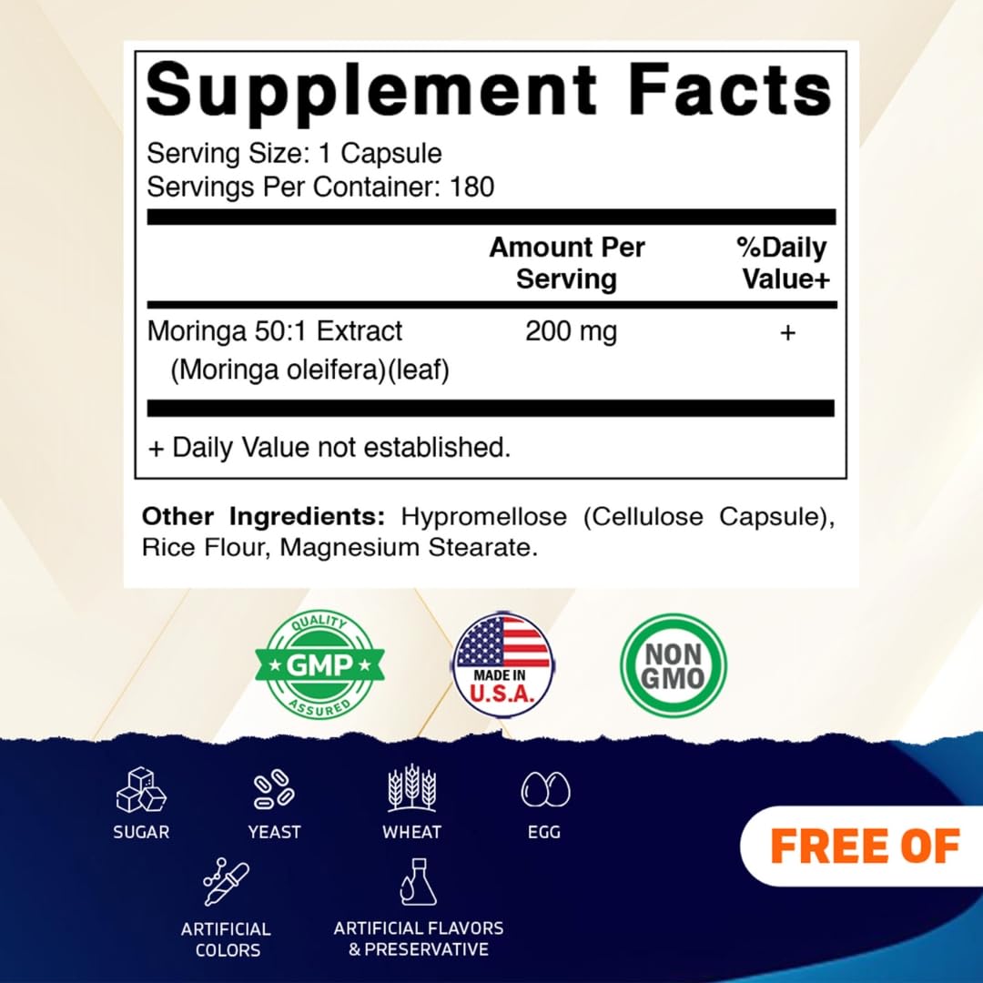 Vitamatic Moringa Extract – Plant-Based Capsules with Moringa Oleifera Leaf Powder – Green Superfood Supplement – Vegetarian, Non-GMO, Made in the USA – 180 Capsules — Amazon image 2