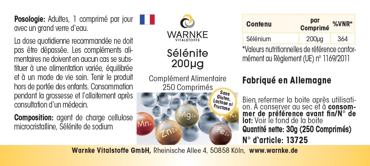 Selenite 200μg - 250 compresse - 200μg di selenio per compressa - Selenito di sodio - ALTO DOSAGGIO - Qualità farmaceutica tedesca - Vegano | Warnke Vitalstoffe