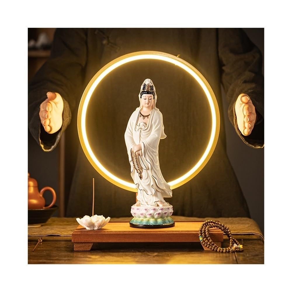 Statue de Bouddha Chinois Statue de Bouddha en céramique Jaune à Bords dorés, décoration de Bureau, Salon, Zen, Feng Shui, avec Base et Anneau Lumineux Bouddha Feng Shui