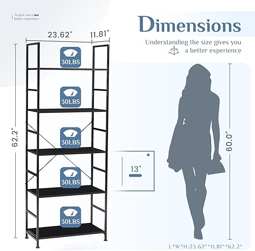 Miniatura 3 de DUMOS Estantería de 5 niveles, estantería alta para almacenamiento, estante clásico moderno para CDspelículaslibros, estantes industriales para
