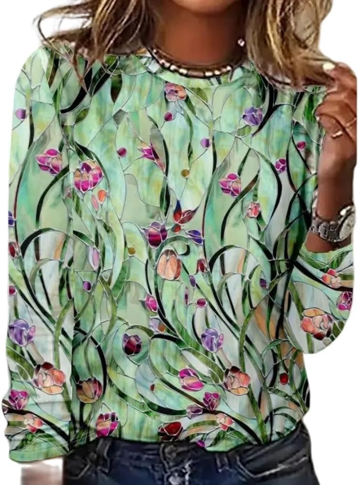 Akivide Women's Fall Casual Floral Printed Crew Neck Sweatshirt Loose Fit Long Sleeve Flower Graphic Plus Size Fashion Tops
