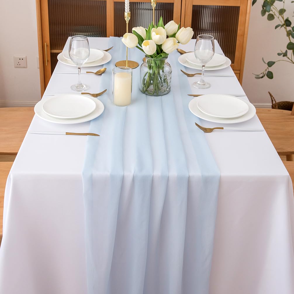 CHUQING Chiffon Tischläufer Hochzeit Tischdeko Stoff Tischdecke Hellblau – Ansicht 7